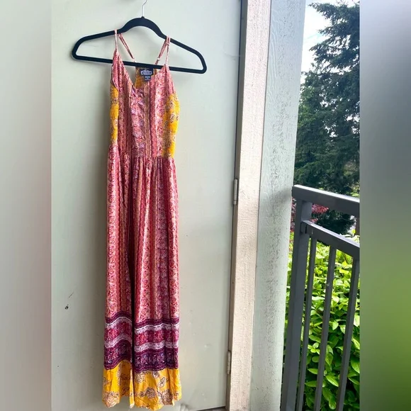 Angie Boho Mixed Print Maxi Dress. Adjustable Straps Ruched Back. Side Slits SM - Picture 3 of 13